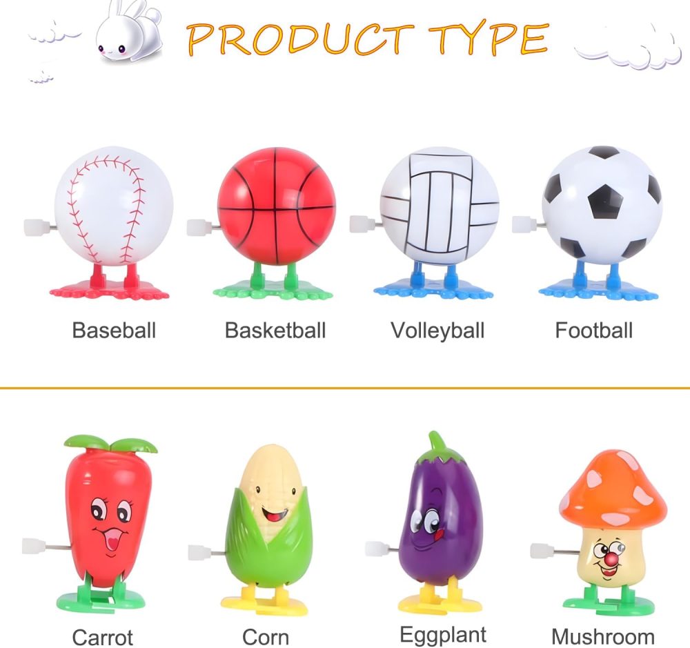 8 Pack Wind Up Toys for Kids, Cartoon Vegetable Wind-Up Toys Plastic Sports Ball Clockwork Toys Novelty Walking Jumping Toys for Easter Egg Hunt Basket Filler Party Favor Birthday Gift - Image 2