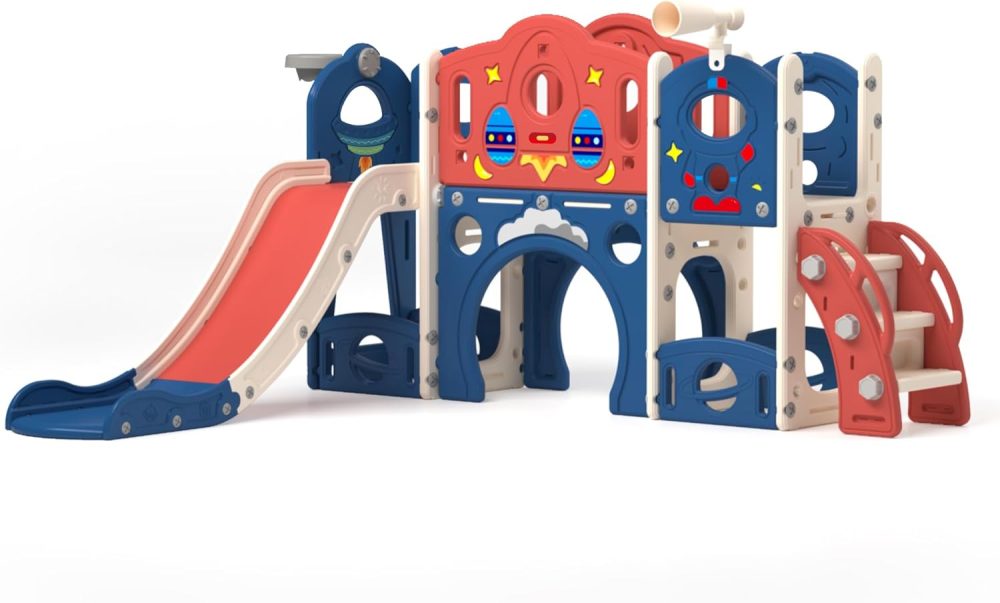 9-in-1 Castle Amusement Playground Playhouse, Indoor Outdoor Playset for Toddlers Age 1-3, Backyard Climber Play Set Slide for Kids Baby (Blue)