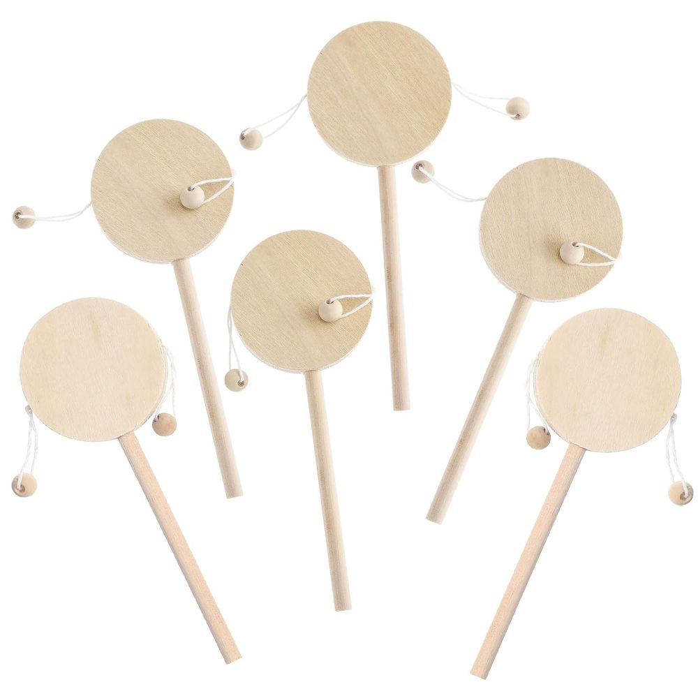 1 Set of 6pcs Unfinished Wooden Rattle Toys Blank Wooden Rattle Drums Unpainted for DIY Art Painting Shaking