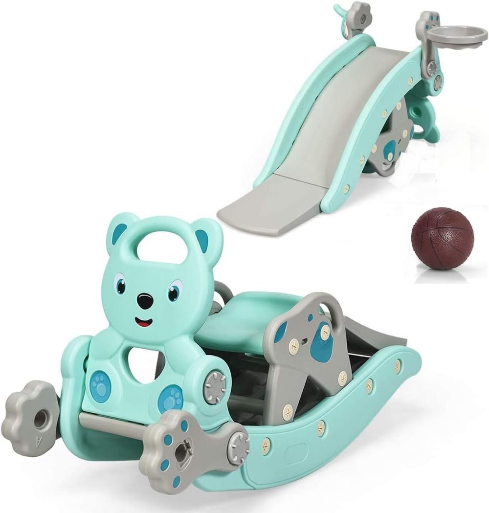 5 in 1 Toddler Slide Rocking Toy, Slide for Kids with Detachable Stool, Basketball Hoop and Ring Game, Foldable Climber Playground Slide for Both Indoors Outdoor Use (Green Bear)