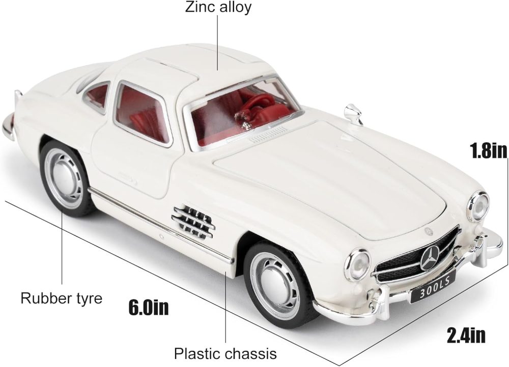 1955 300sl Vintage Car Toy, 1/32 Toy Car with Sound and Light Function, Children's Toy Model with Pullback Function, Collector's Quality Model Car, Gift for Children (White) - Image 2
