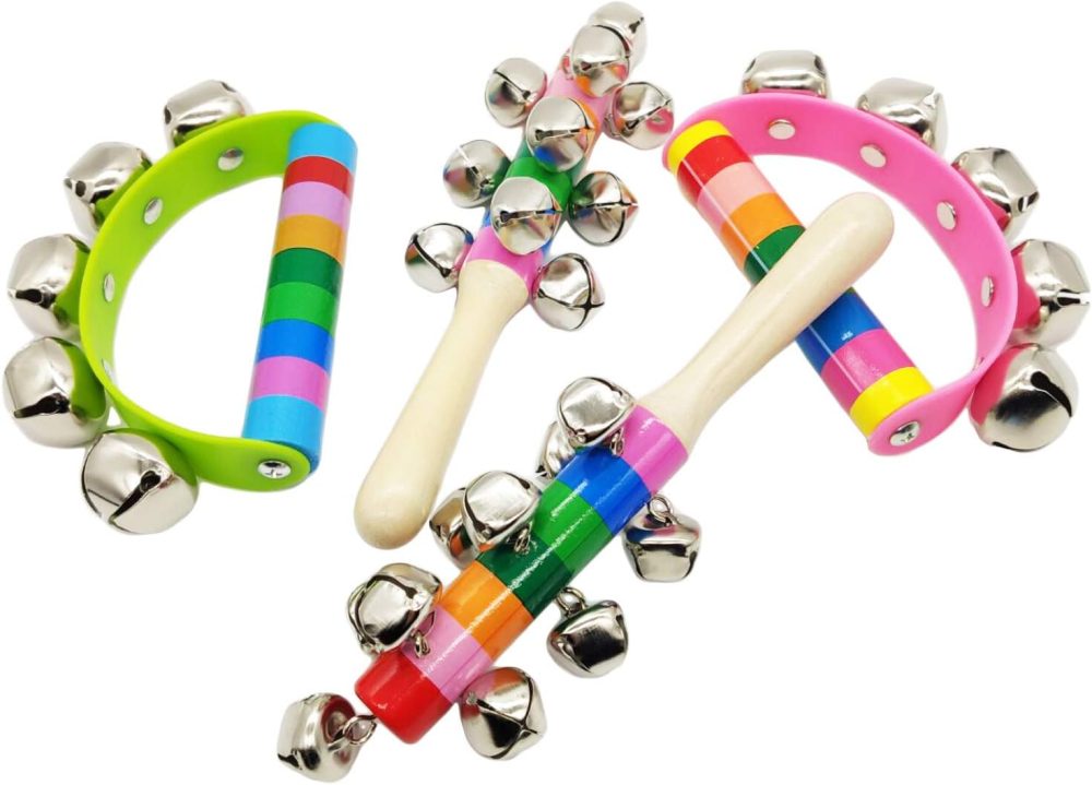 4 Pcs Vivid Color Rainbow Handle Wooden Bells Jingle Stick Shaker Rattle 5/10 Jingle Bells Baby Kids Children Musical Toys