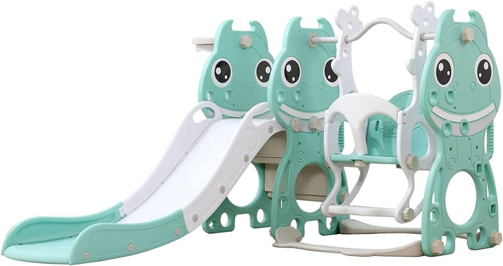 UNICOO® 4 in 1 Toddler Slide and Swing Set, Indoor Playground for Kids | Baby Slide, Swing, Basketball Hoop for Boys & Girls | Toddler Toys, Kids Outdoor Playset (Mint Green)
