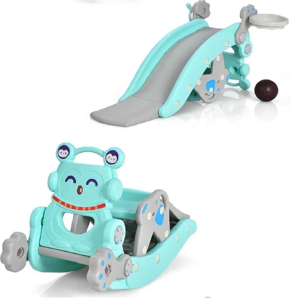 5 in 1 Toddler Slide Rocking Toy, Slide for Kids with Detachable Stool, Basketball Hoop and Ring Game, Foldable Climber Playground Slide for Both Indoors Outdoor Use (Blue Penguin)