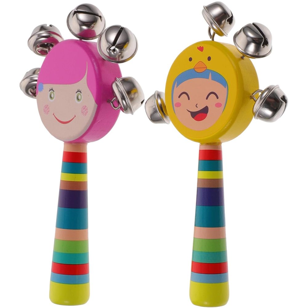 2pcs Wood Jingle Rattle Bell Handheld Hand Jingle Bell Children Rattle Toys Baby Grip Training Toy Cartoon Shaking Rattle for Baby Nursing Supplies