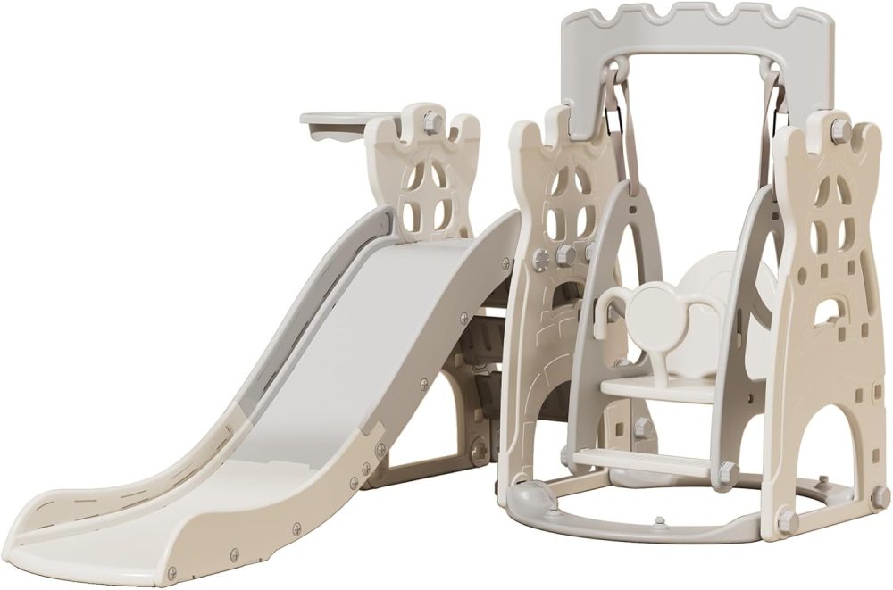 UNICOO® 4 in 1 Toddler Slide and Swing Set, Indoor Playground for Kids 1-3 | Baby Slide, Swing, Basketball Hoop for Boys & Girls | Toddler Toys, Kids Outdoor Playset (KU-SS-41 White Grey)