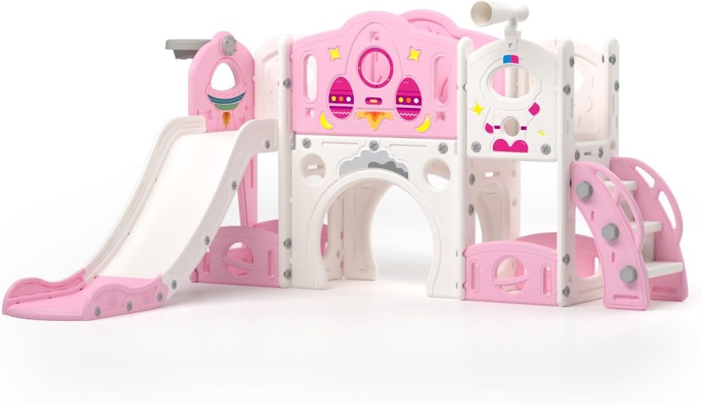 9 in 1 Toddler Slide and Climber Playset Freestanding Backyard Playground for Children Age 1-4, Indoor Outdoor Kids Slide with Basketball Hoop,Telescope, Ring-toss and Storage Space