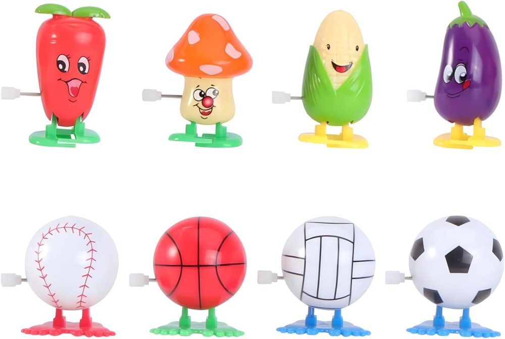 8 Pack Wind Up Toys for Kids, Cartoon Vegetable Wind-Up Toys Plastic Sports Ball Clockwork Toys Novelty Walking Jumping Toys for Easter Egg Hunt Basket Filler Party Favor Birthday Gift