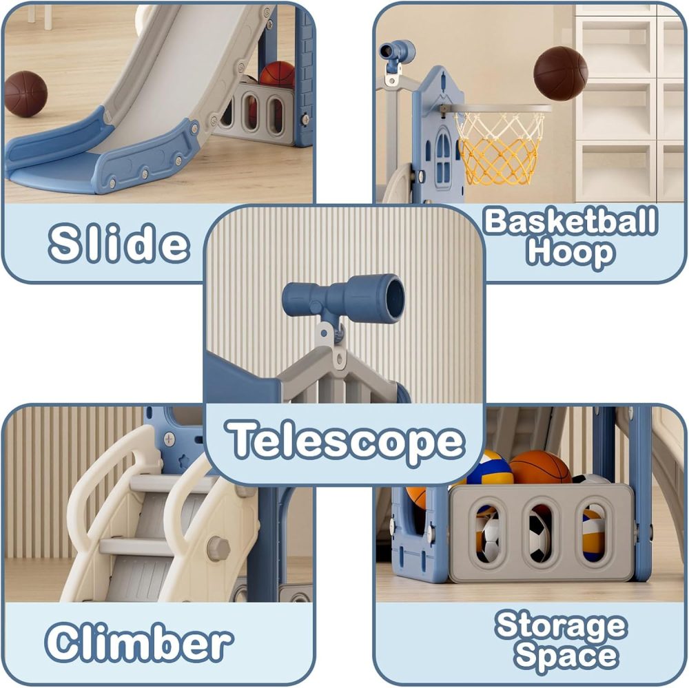 YUFU 5 in 1 Toddler Slide, Kids Slide with Climber, Basketball Hoop and Ball, Outdoor Indoor Playset for Toddlers Age 1-3 (Blue+Gray) - Image 2