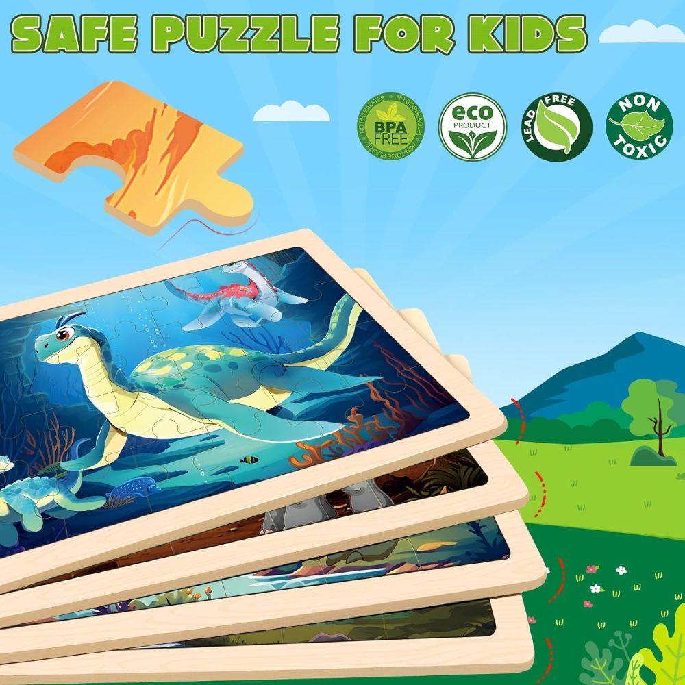 Wooden Dinosaurs Puzzles for Kids Age 3 4 5 Year Old, 4 Pack 24 Pcs Montessori Toddler Jigsaw Puzzles for Girl boy Activities Preschool Learning Educational Birthday Gift Travel Autistic Wooden Toys - Image 2