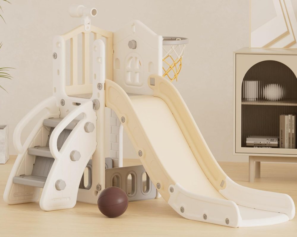 5 in 1 Toddler Slide, Kids Slide for Toddlers Age 1-3, Outdoor Indoor Playset for Toddlers with Basketball Hoop and Ball, Storage Space and Non-Slip Steps Telescope (Beige)