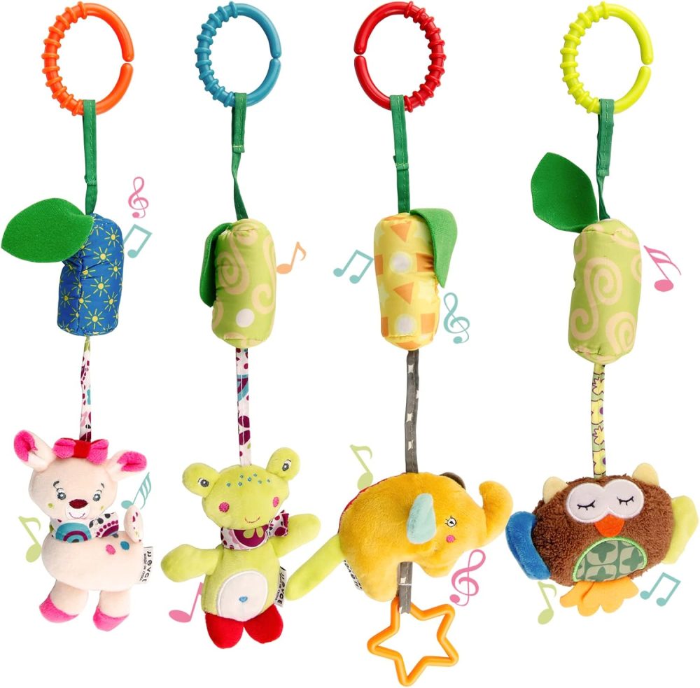 4 Packs Baby Stroller Toys Car Seat Hanging Bell for Boys Girls,Adorable Animal Infant Play Music Crib Toy Carseat Rattles Educational Toys,Kids Hand Bell Puppet with Cute Wind Chime and Squeak