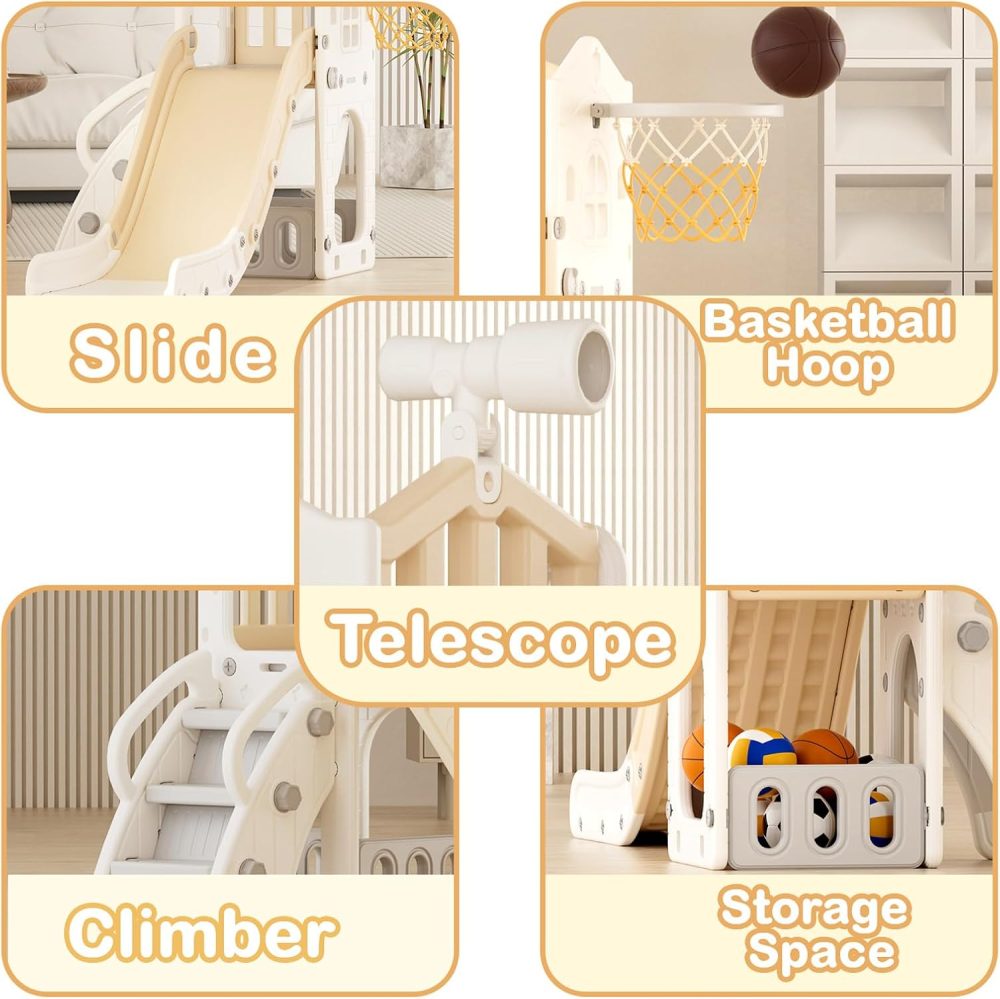 5 in 1 Toddler Slide, Kids Slide for Toddlers Age 1-3, Outdoor Indoor Playset for Toddlers with Basketball Hoop and Ball, Storage Space and Non-Slip Steps Telescope (Beige) - Image 2