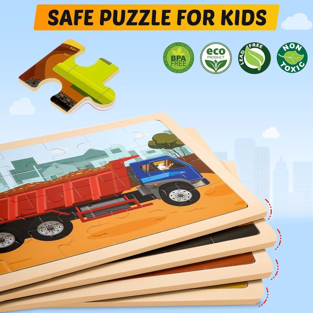 Wooden Vehicle Puzzles for Kids Age 3 4 5 Year Old, 4 Pack 24 Pcs Montessori Toddler Jigsaw Puzzles for Girl boy Activities Preschool Learning Educational Birthday Gift Travel Autistic Wooden Toys - Image 2