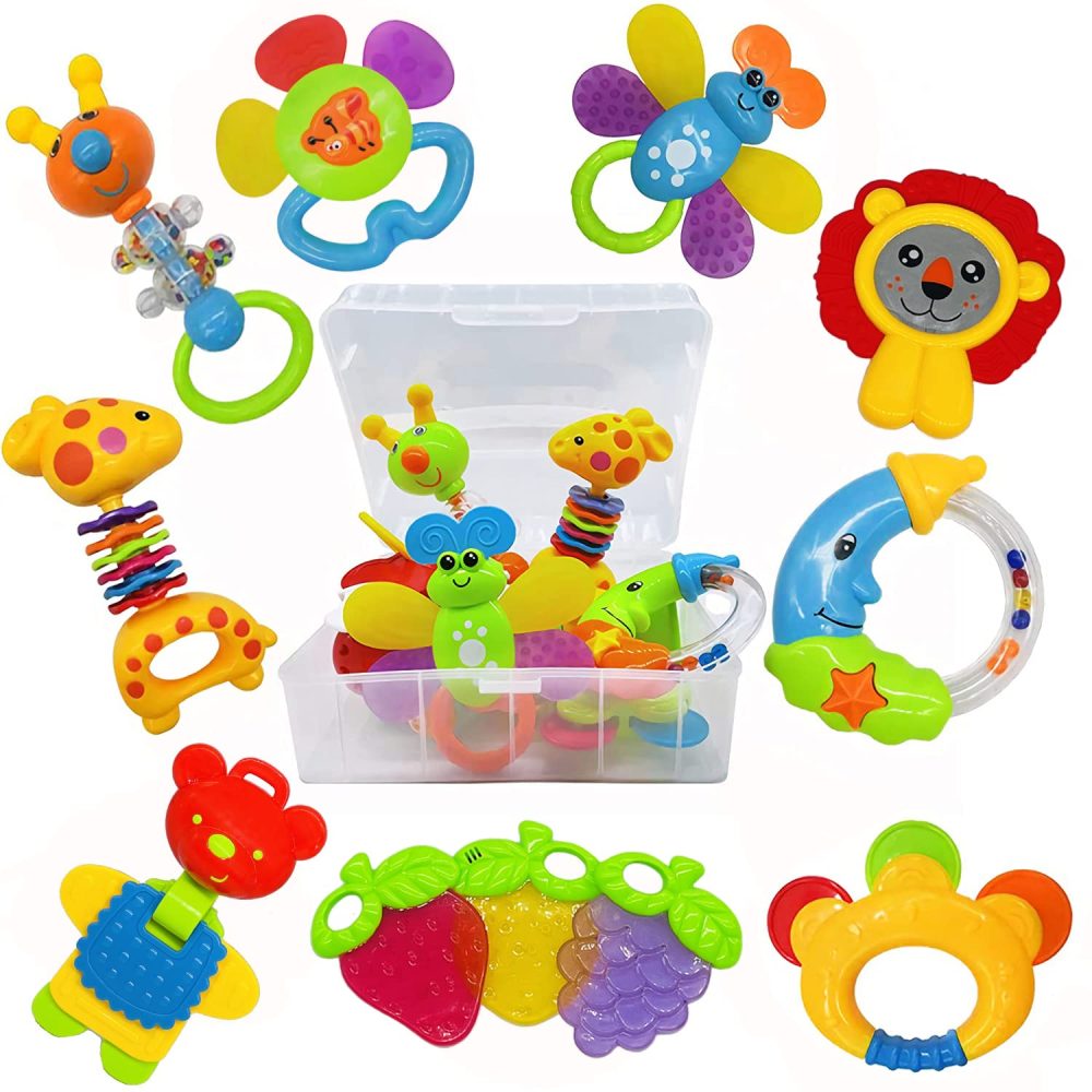 Toys 0-6 Months Infant Toys 0-3 Months Infant Rattles Baby Rattle Teether Toy Set with Storage Box Musical rattles for Newborn Boy Girl Gifts Set with Baby's First Rattle Teether (11pcs)