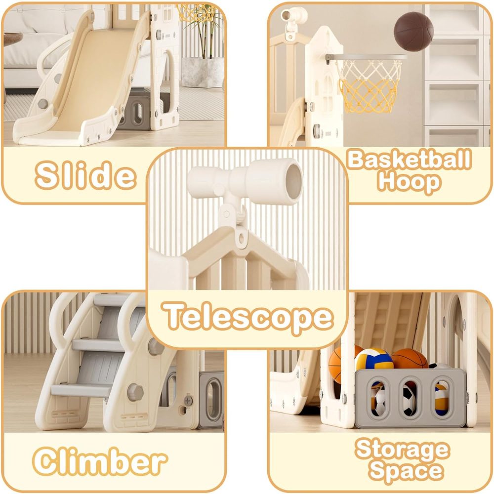YUFU 5 in 1 Toddler Slide, Kids Slide with Climber, Basketball Hoop and Ball, Outdoor Indoor Playset for Toddlers Age 1-3 (Beige+Coffee) - Image 2