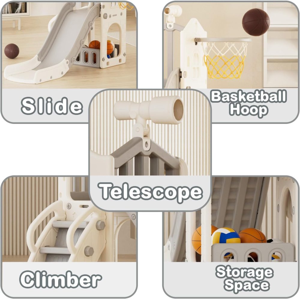 YUFU 5 in 1 Toddler Slide, Kids Slide with Climber, Basketball Hoop and Ball, Outdoor Indoor Playset for Toddlers Age 1-3 (Beige+Gray) - Image 2