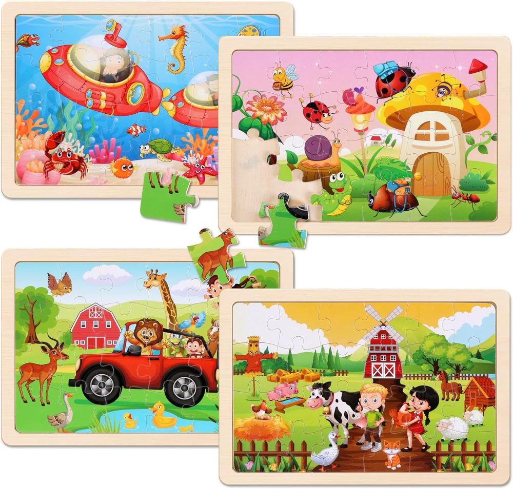 Wooden Puzzles Toys for Kids Ages 3-5, Set of 4 Packs with 20-Piece Farm, Animals Theme Wood Jigsaw Puzzles, Preschool Educational Brain Teaser Toys for Boys and Girls 3-6 Years Old. - Image 2