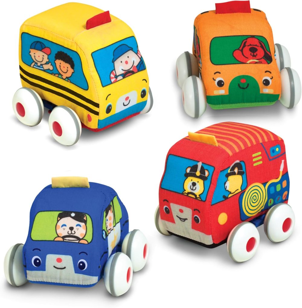 Kids Pull-Back Town Vehicle Set - Baby Toys Set with 4 Soft Toy Cars and Trucks, Surface Washable with Removable Wheels, Learning Toys for Babies and Toddlers