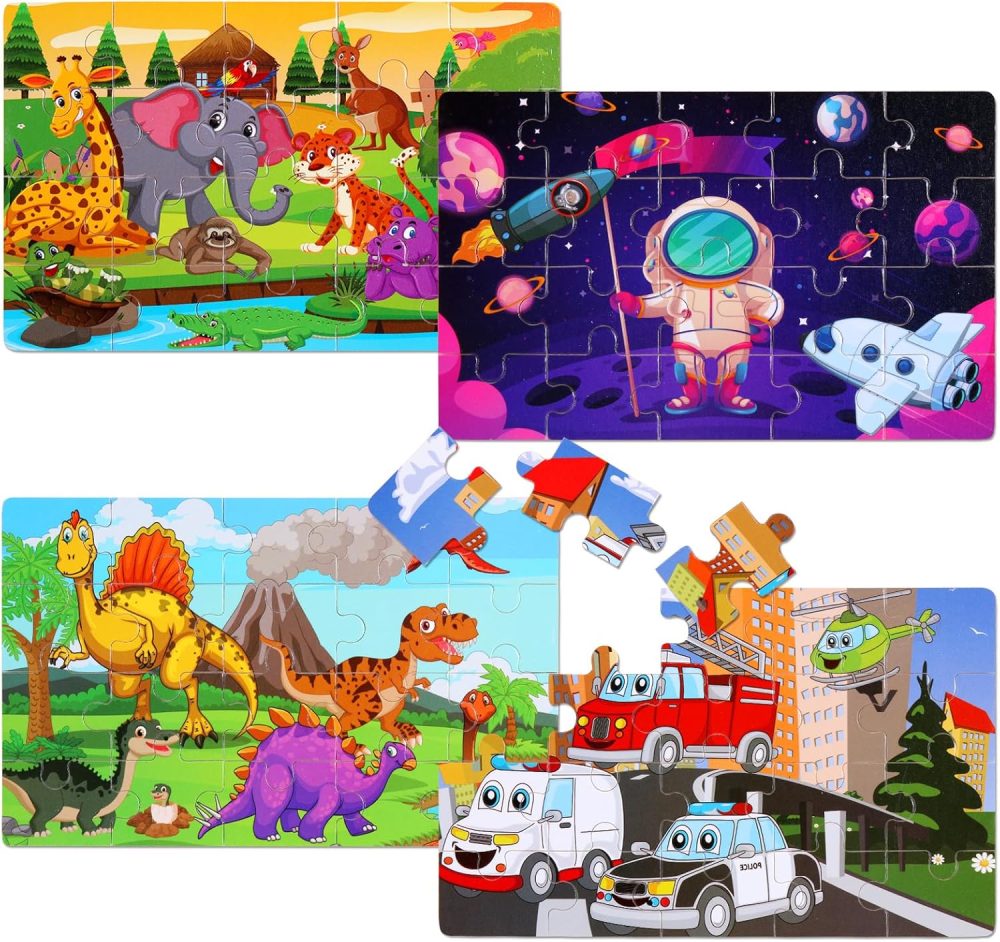 Wooden Puzzles Toys for Kids Ages 3-5, Set of 4 Packs Dinosaur, Space, Transportation Wood Toddler Puzzles, Preschool Brain Teaser Toys for Boys and Girls 2 3 4 5 6 Years Old - Image 2