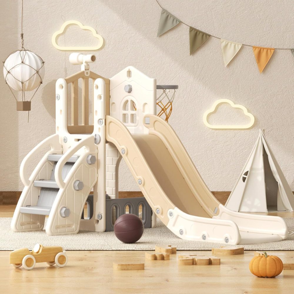 YUFU 5 in 1 Toddler Slide, Kids Slide with Climber, Basketball Hoop and Ball, Outdoor Indoor Playset for Toddlers Age 1-3 (Beige+Coffee)