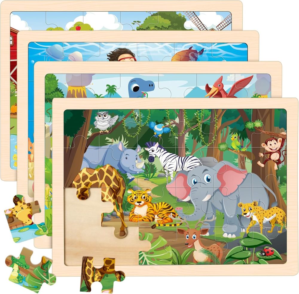 Wooden Animals Puzzles for Kids Age 3 4 5 Year Old, 4 Pack 24 Pcs Montessori Toddler Jigsaw Puzzles for Girl boy Activities Preschool Learning Educational Birthday Gift Travel Autistic Wooden Toys