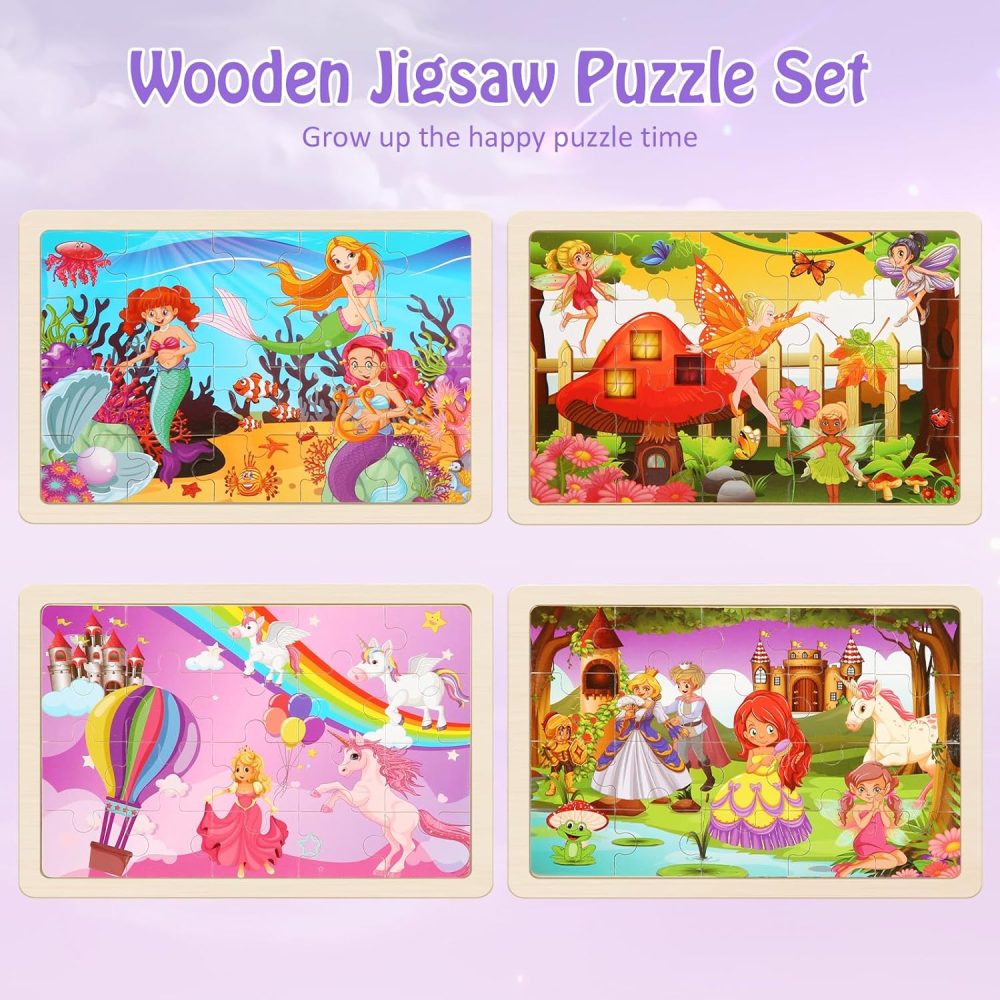 Wooden Puzzles Toys for Kids Ages 3-5, Set of 4 Packs with 20-Piece Unicorn Mermaid Princess Wood Jigsaw Puzzles, Preschool Educational Brain Teaser Toys for Girls 3 4 5 6 Years Old. - Image 2