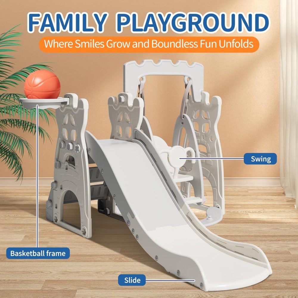 UNICOO® 4 in 1 Toddler Slide and Swing Set, Indoor Playground for Kids 1-3 | Baby Slide, Swing, Basketball Hoop for Boys & Girls | Toddler Toys, Kids Outdoor Playset (KU-SS-41 White Grey) - Image 2