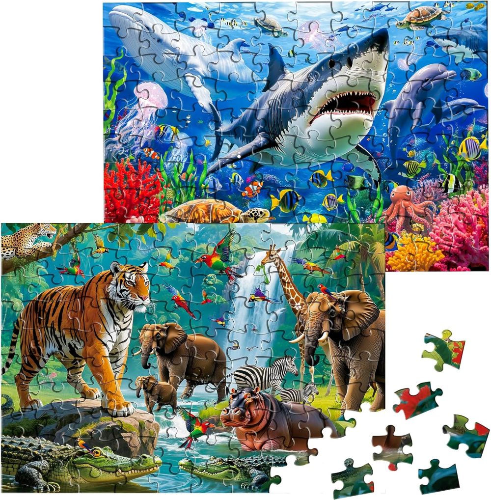 Puzzles for Kids Ages 4-6, 2 Pack 100 Pieces Jigsaw Puzzles for Kids 3-5 4-6 (Forest Animals and Ocean Life), Learning & Educational Games Beautiful Gift for Kid Toddlers 3-8
