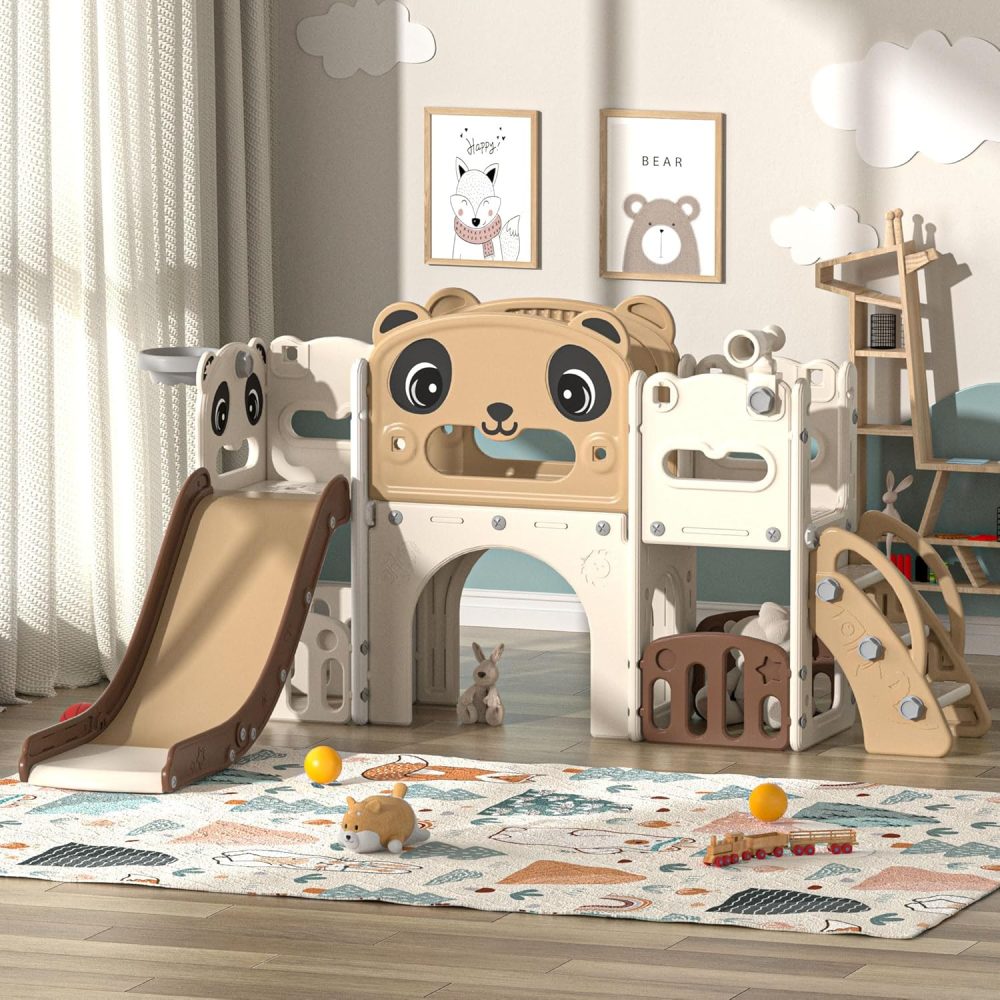 9 in 1 Toddler Slide and Climber Playset Indoor Outdoor Kids Slide with Basketball Hoop,Telescope and Storage Space, Freestanding Backyard Playground for Children Age 1-6